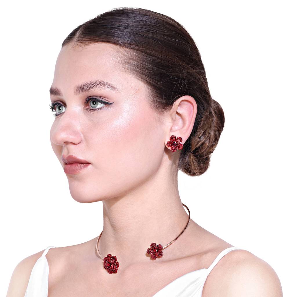 Exclusive Lightweight Ruby Red American Diamond Rose Motif Necklace Set With Rosegold Finish : AD-815-RGRBNKER