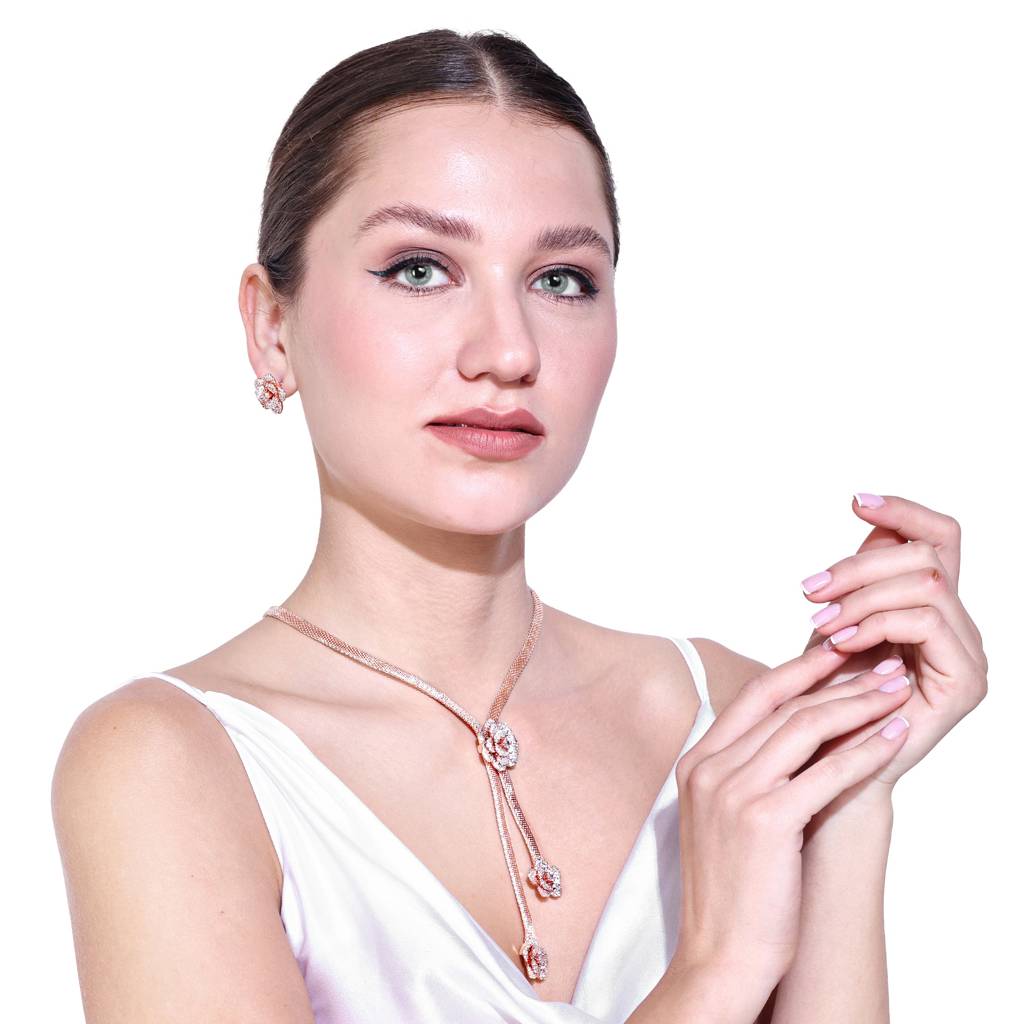 Elegant Rose Motif Necklace Set: Gold Plated Lightweight Floral Motif Jewelry For Women : AD-818-RGWENKER