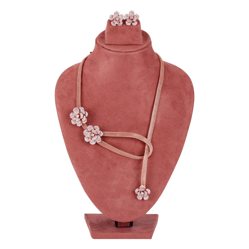 Luxury Rose Motif Necklace Set: Stylish Rosegold Plated Floral Design For Women : AD-817-RGWENKER