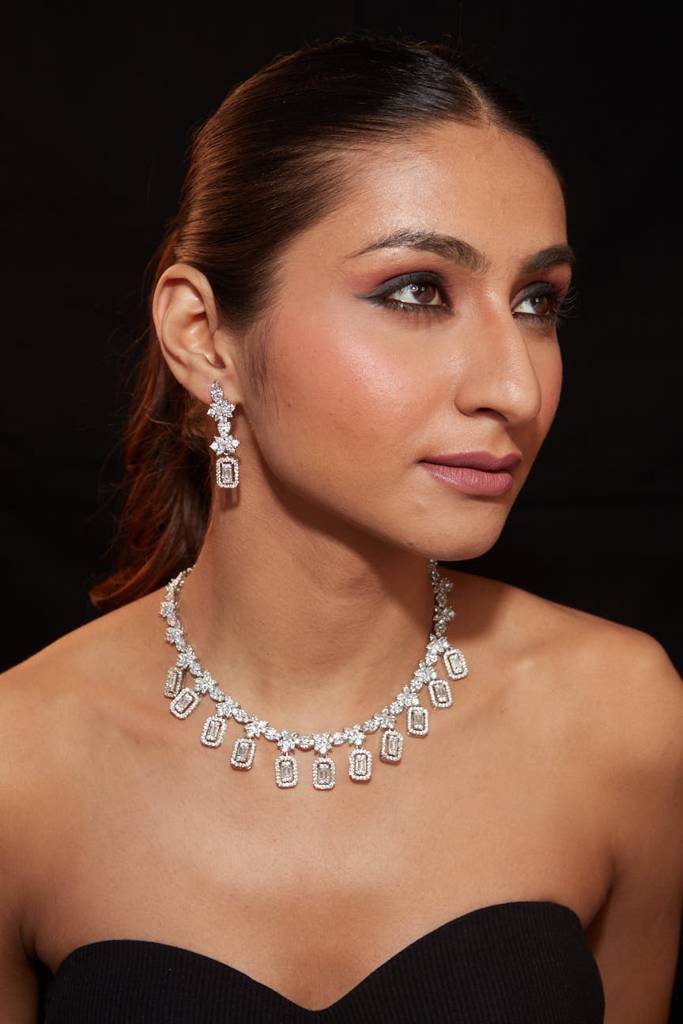 Rhodium Plated Zircon Studded Long Necklace & Drop Earrings Set : VPB027