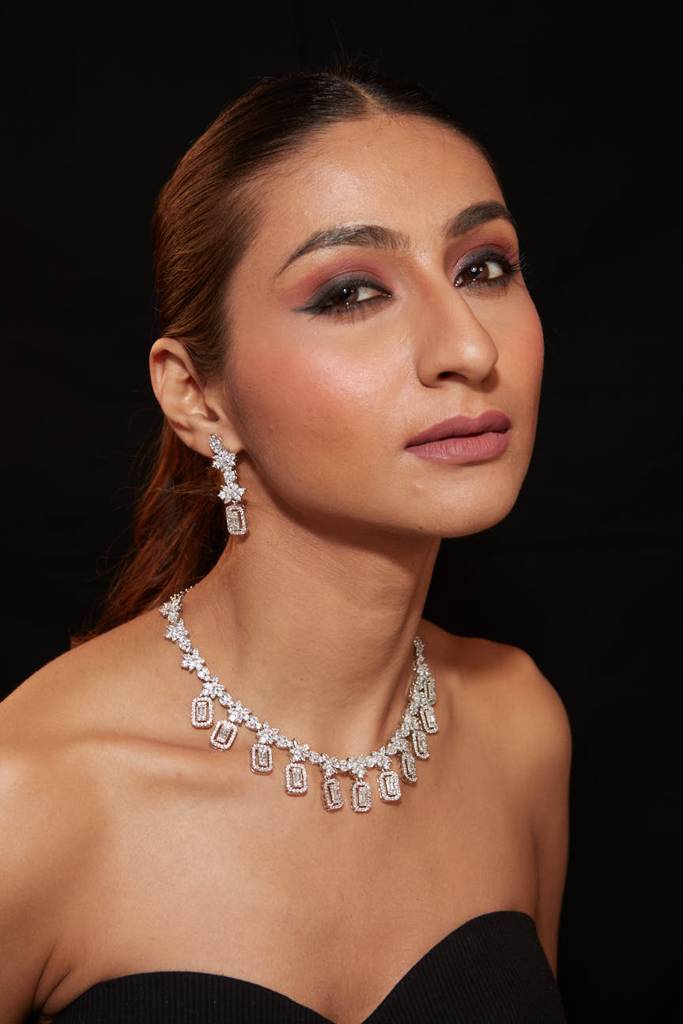 Rhodium Plated Zircon Studded Long Necklace & Drop Earrings Set : VPB027