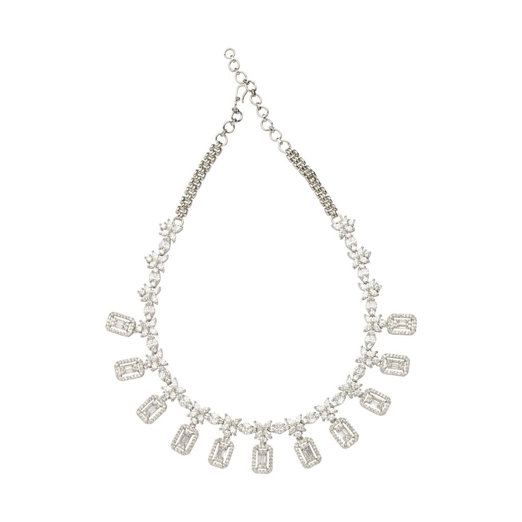 Rhodium Plated Zircon Studded Long Necklace & Drop Earrings Set : VPB027