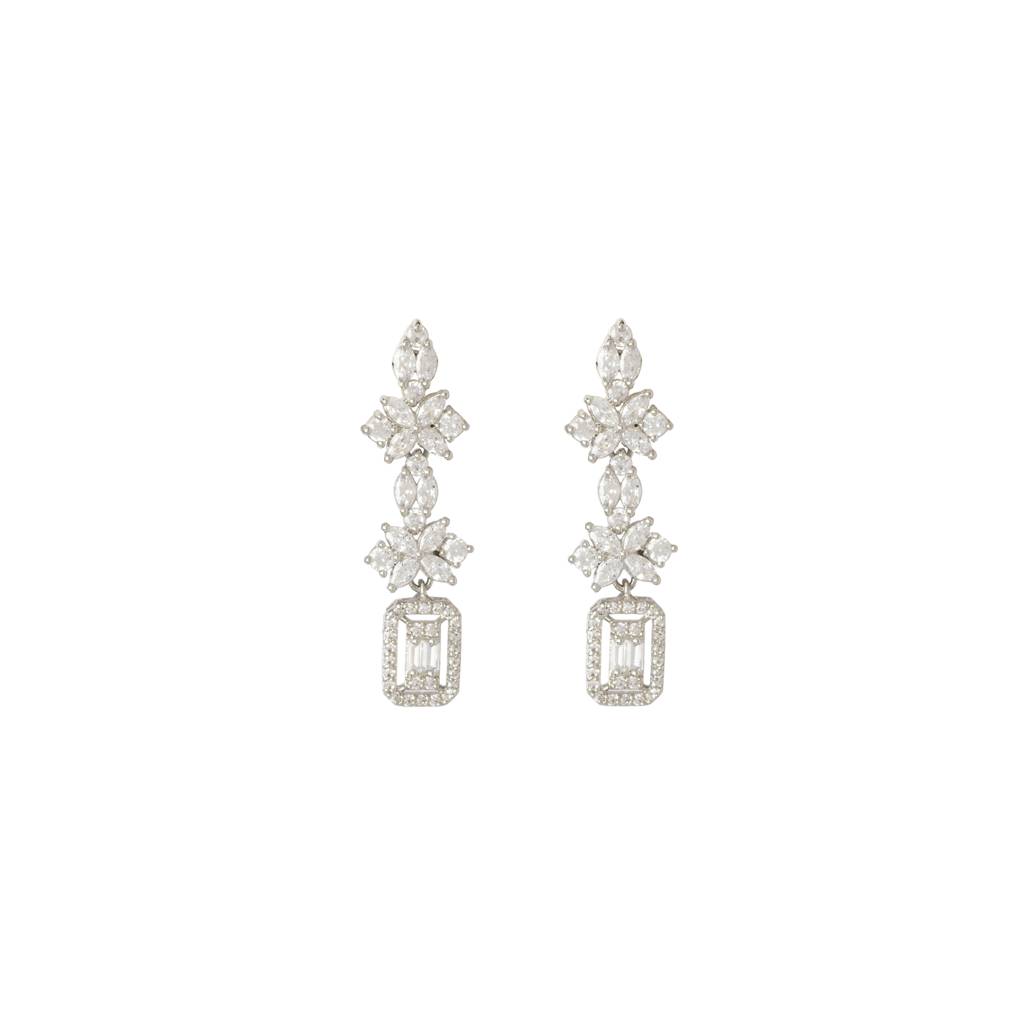 Rhodium Plated Zircon Studded Long Necklace & Drop Earrings Set : VPB027