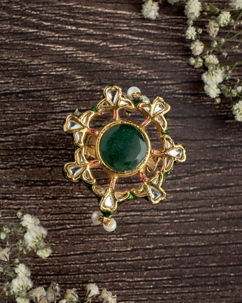 Vivinia By Vidhi Mehra Saadgi Gold Plated Green Womens Kundan, Polki Ring-Vr184 : VR184