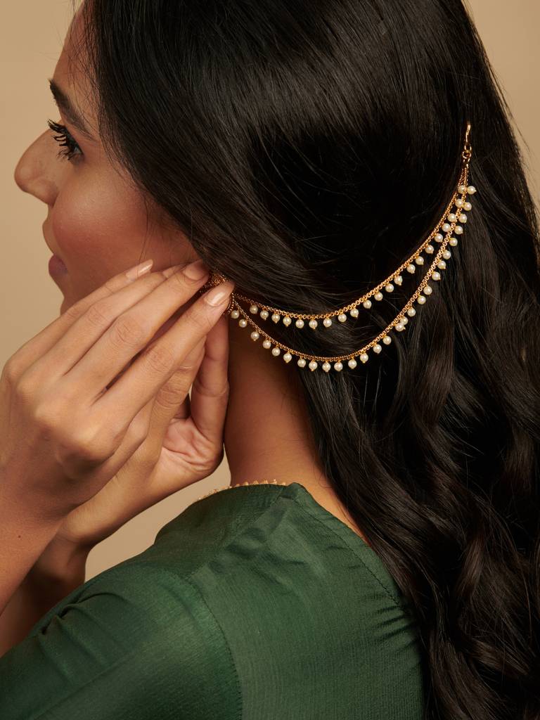 22K Gold Plated Drops Of Pearl Dual Ear Chain : WFAE132