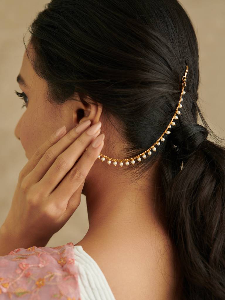 22K Gold Plated Single Layared Droplets Of Pearls Ear Chain : WFAE133