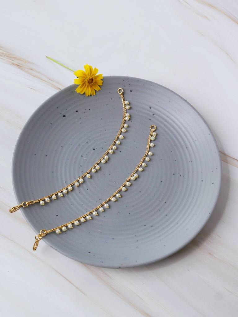 22K Gold Plated Single Layared Droplets Of Pearls Ear Chain : WFAE133