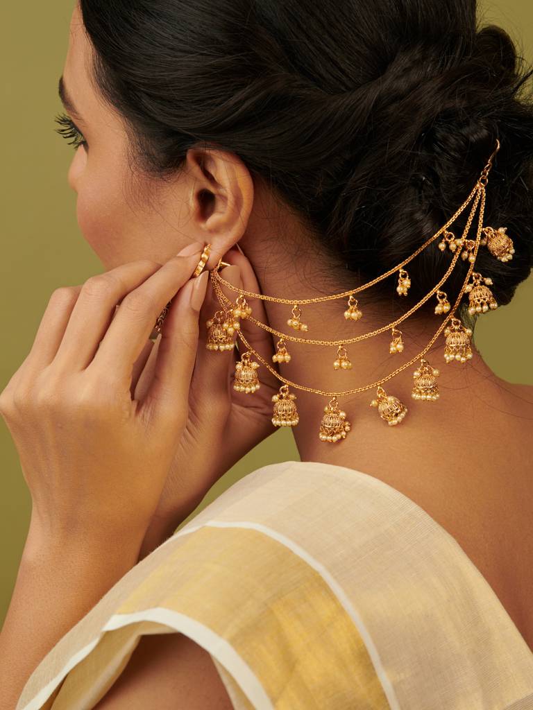22K Gold Plated Jeweled Jhumki Ear Chains : WFAE136