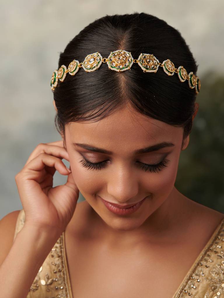 Gold Plated Handcrafted White Pearls Studded Matha Patti : WFAE142
