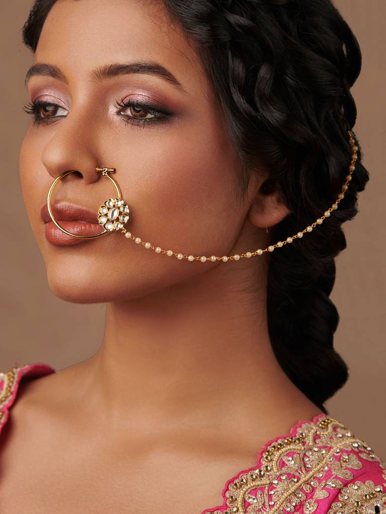 Royal Elegance: 18 Kt Gold Plated Foral Kundan Rajwadi Nath : WFAE160