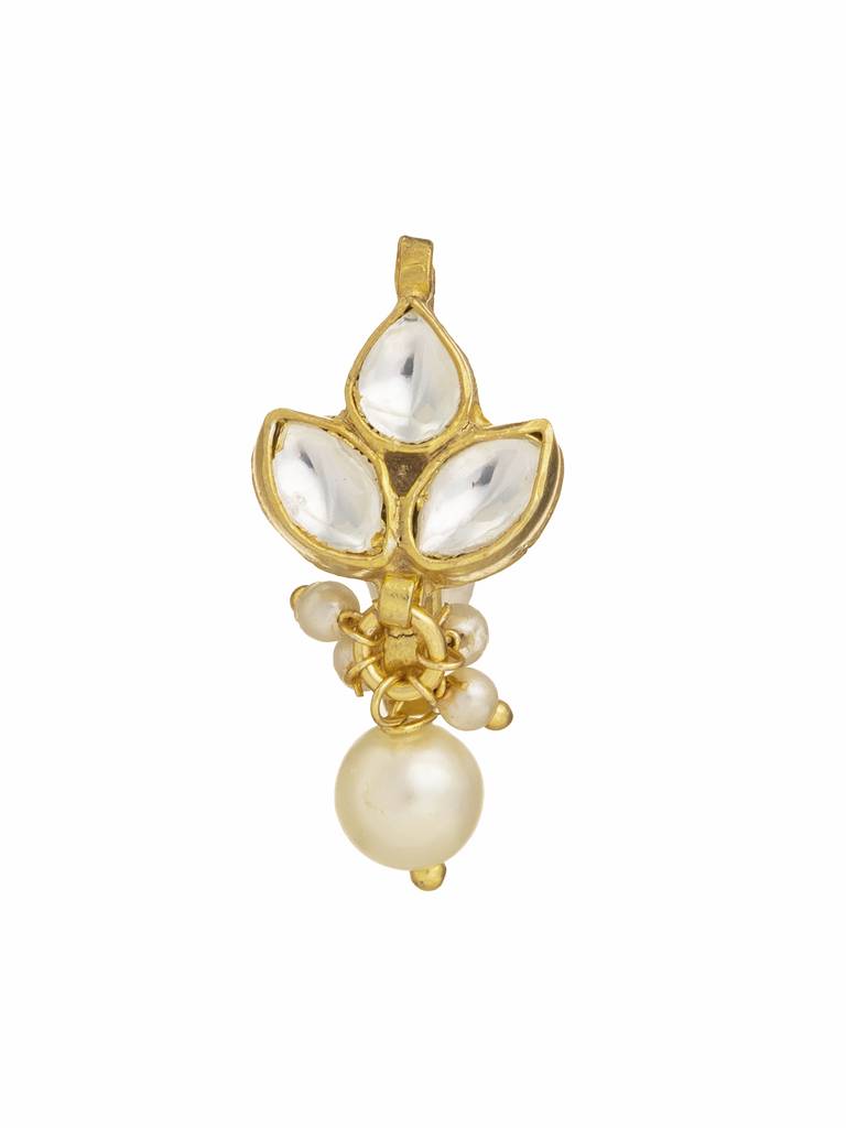 Glistening Clover Kundan Clip-On Nose Pin With Pearl Drop : WFAE161