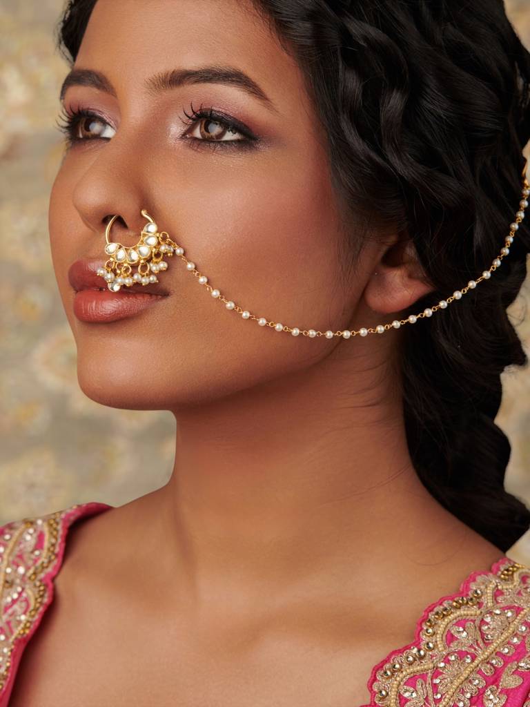 18 Kt Gold-Plated Polki Nath With Pearl Chain : WFAE172