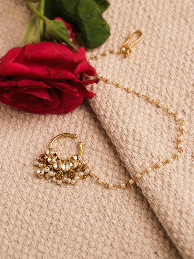 18 Kt Gold-Plated Polki Nath With Pearl Chain : WFAE172