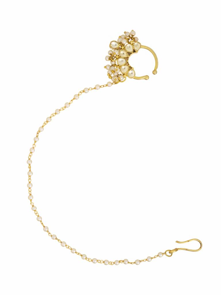 18 Kt Gold-Plated Polki Nath With Pearl Chain : WFAE172