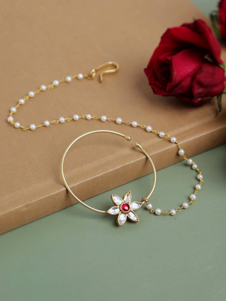 22 Kt Gold Plated Zircon Sparkle Flower Nath With Beads : WFAE173