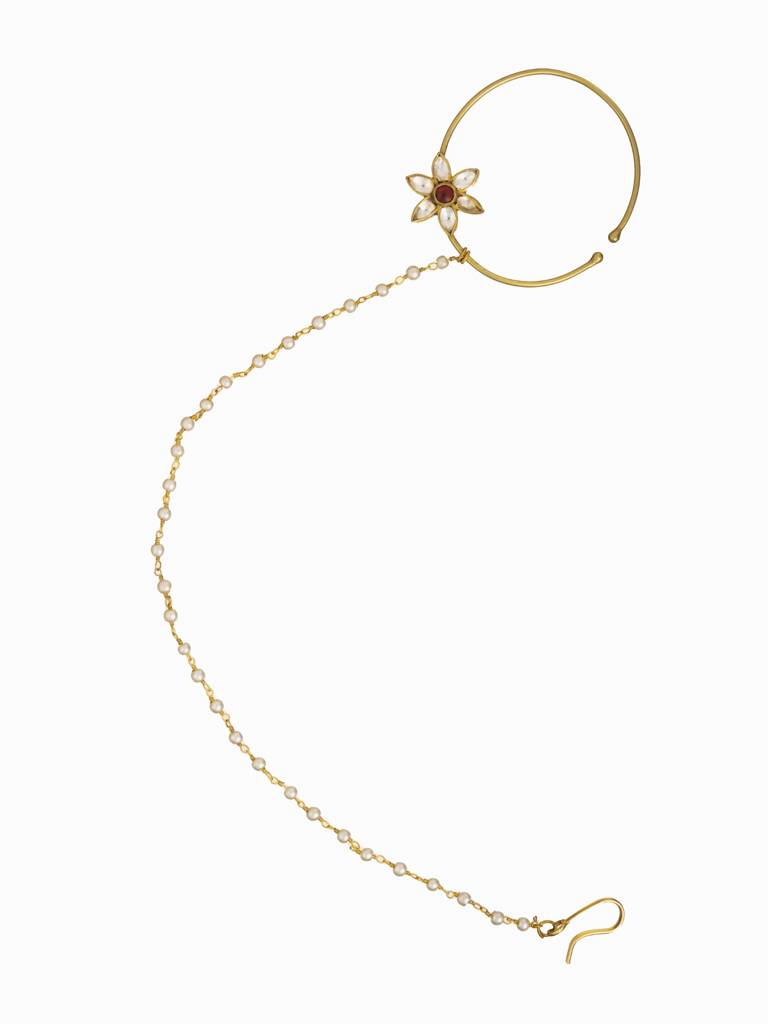 22 Kt Gold Plated Zircon Sparkle Flower Nath With Beads : WFAE173