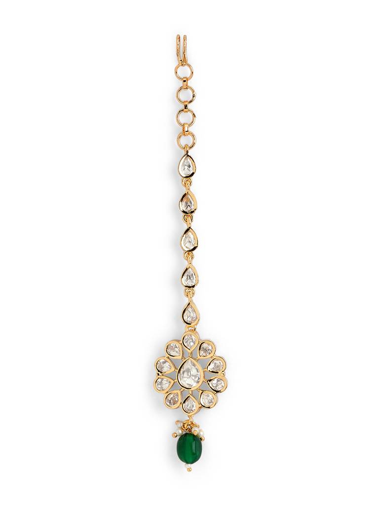 Gleaming Kundan Green Drop Maang Teeka : WFAE192