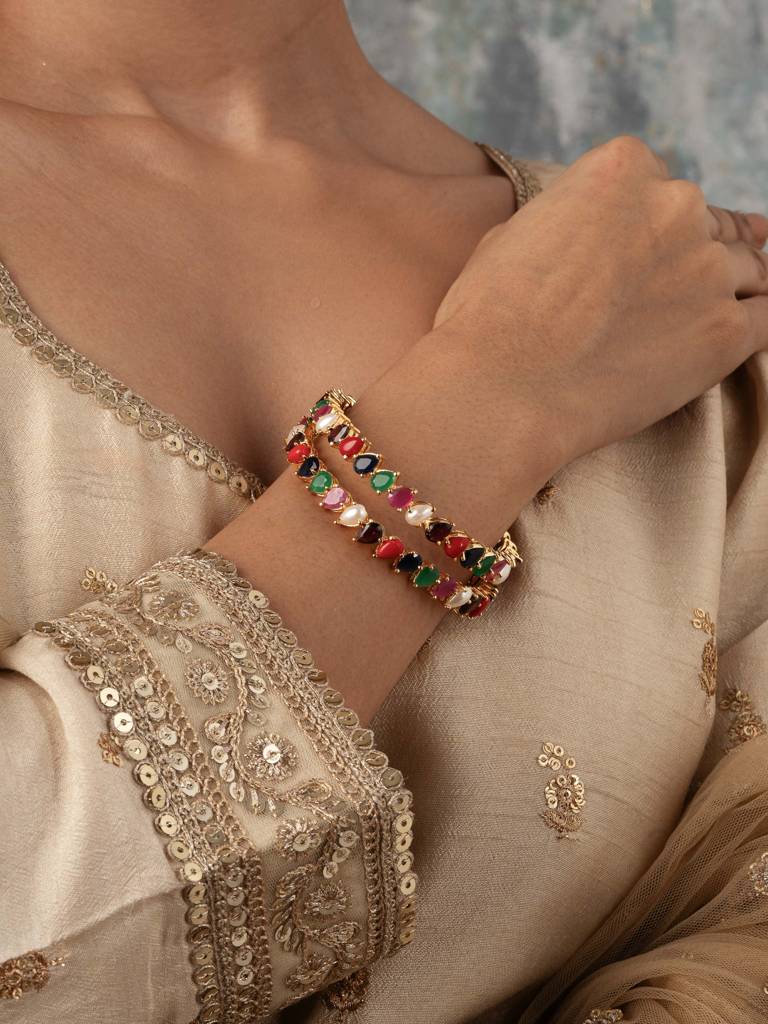Meira Gold Plated Pair Of Navratna Bangles : WFBE313