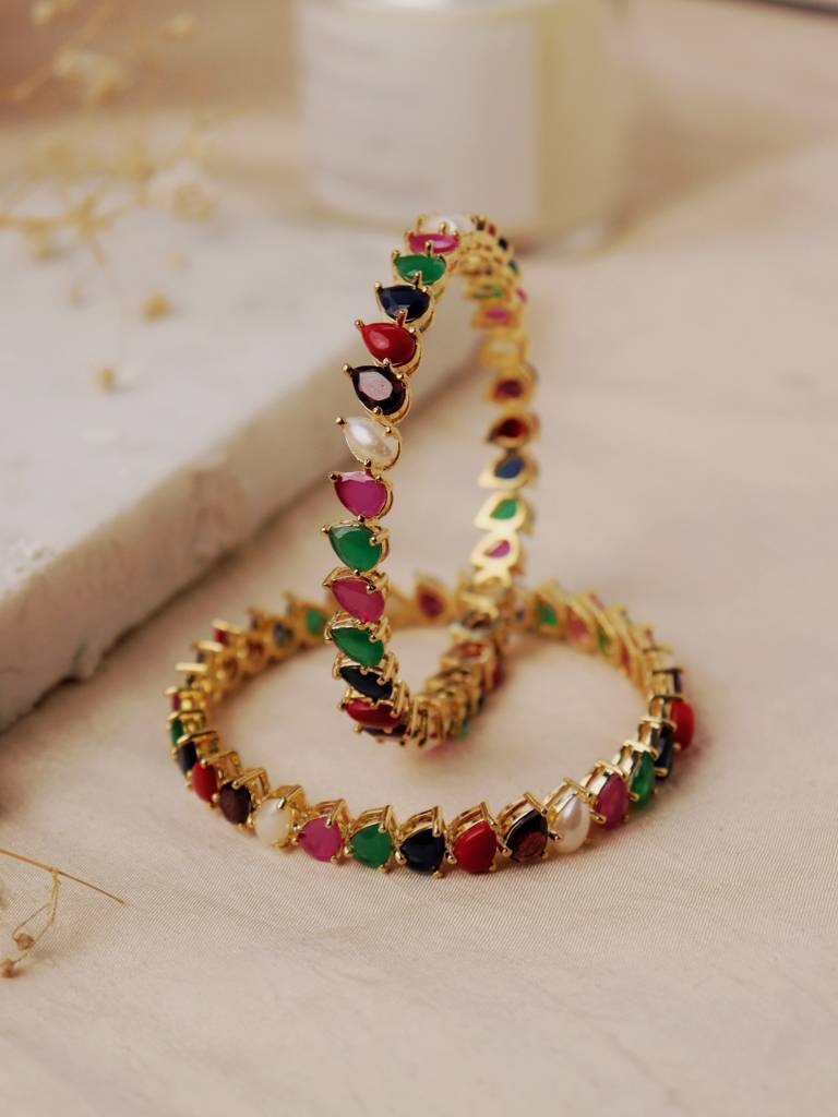 Meira Gold Plated Pair Of Navratna Bangles : WFBE313