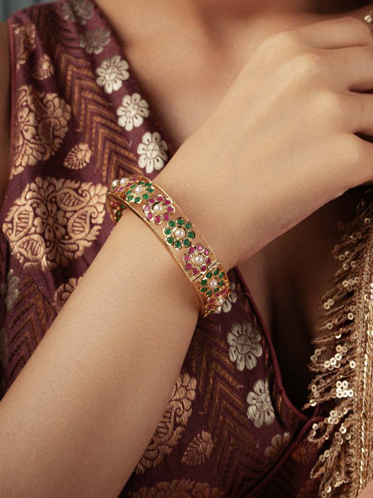Meira Red & Green Floral Jadau Bangle : WFBE315