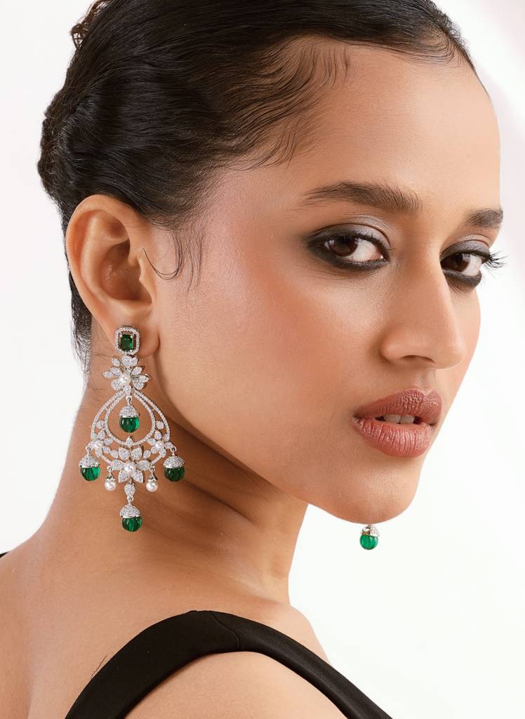 Diamante Emerald Drop Chandbali Earrings : WFEC503