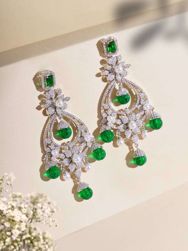 Diamante Emerald Drop Chandbali Earrings : WFEC503