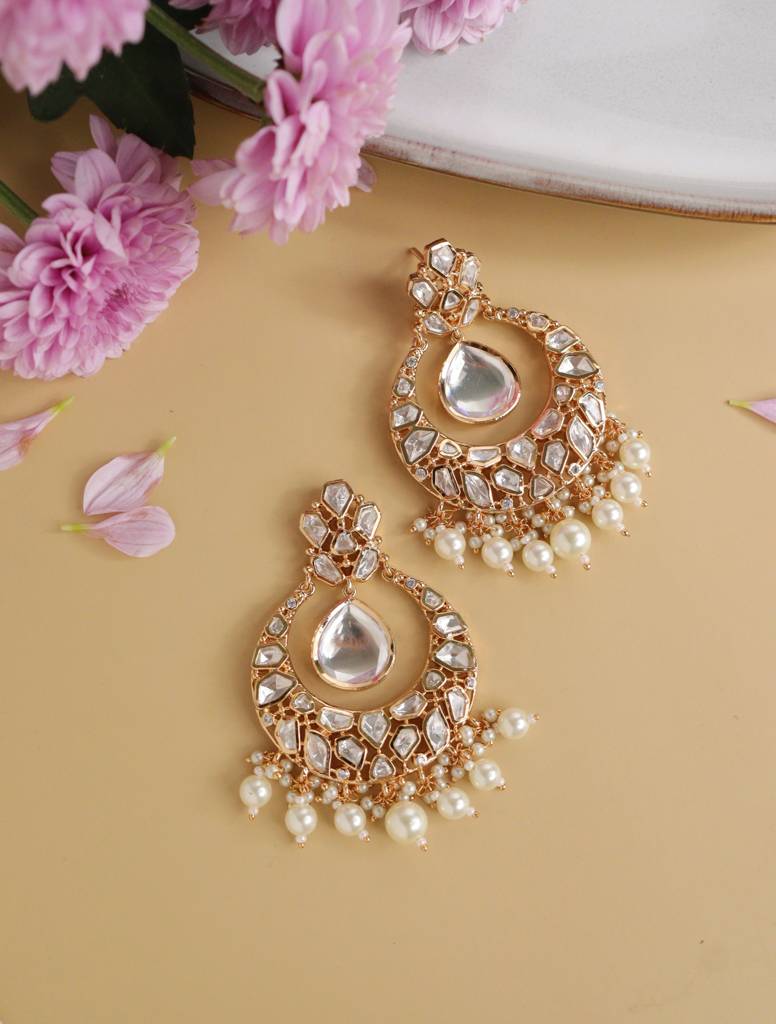 Bridal Kundan In The Middle Pearl Chaandbali Earrings : WFEE270