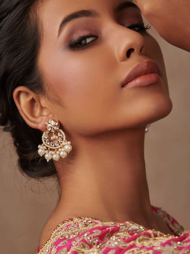 22 Kt Gold Plated Floral Pearl Drop Kundan Earring : WFEE359