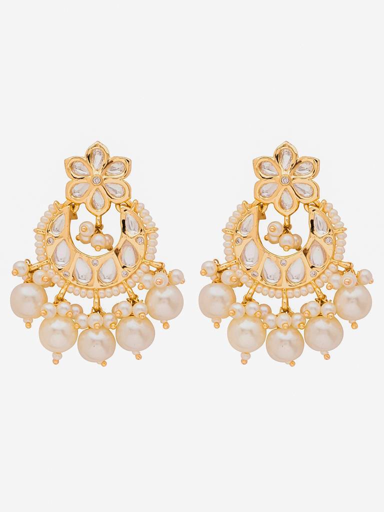 22 Kt Gold Plated Floral Pearl Drop Kundan Earring : WFEE359