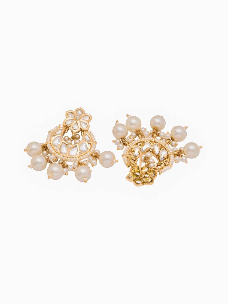22 Kt Gold Plated Floral Pearl Drop Kundan Earring : WFEE359
