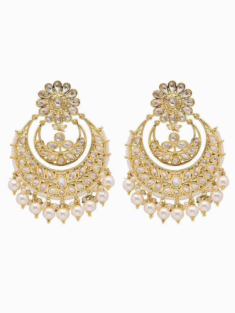 Floral White Enamel Polki Chandbali Jadau Earrings With Pearl Drop : WFEE367