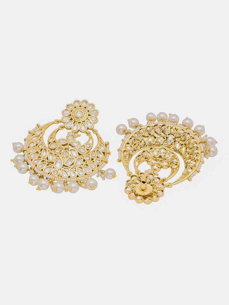 Floral White Enamel Polki Chandbali Jadau Earrings With Pearl Drop : WFEE367