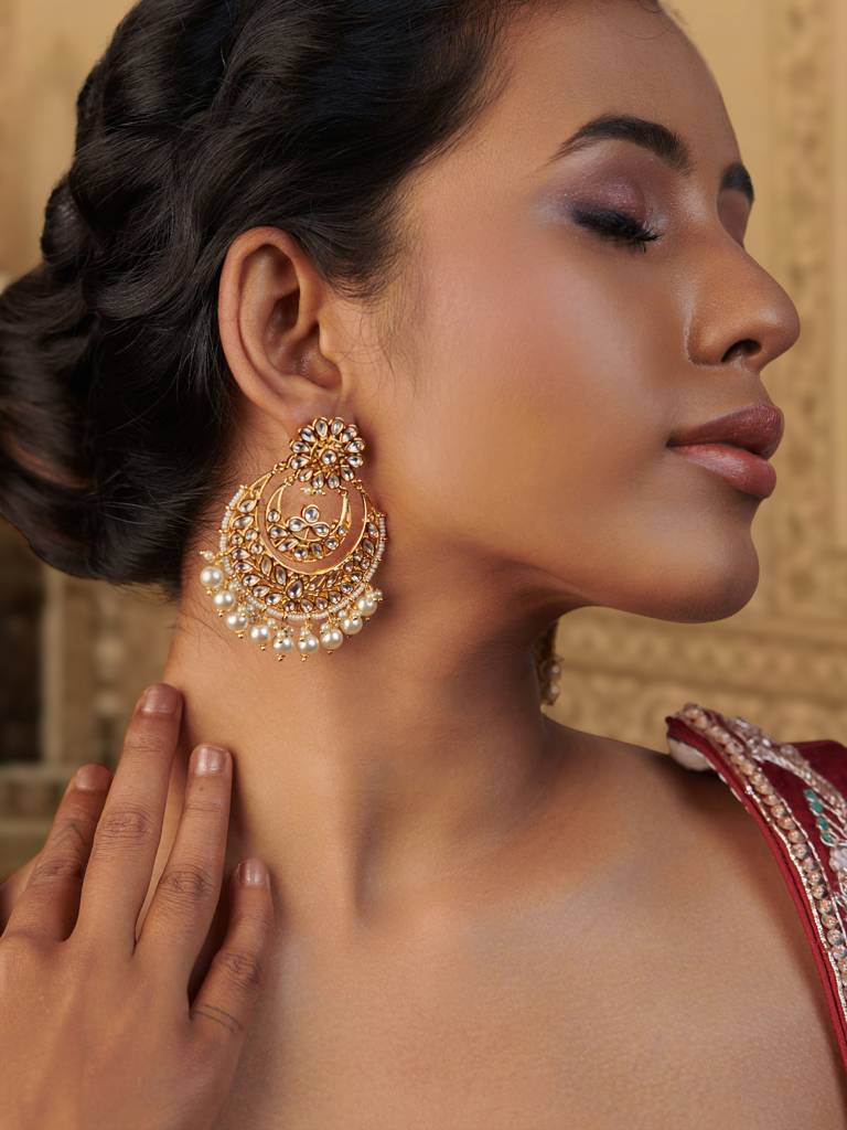 Floral White Enamel Polki Chandbali Jadau Earrings With Pearl Drop : WFEE367