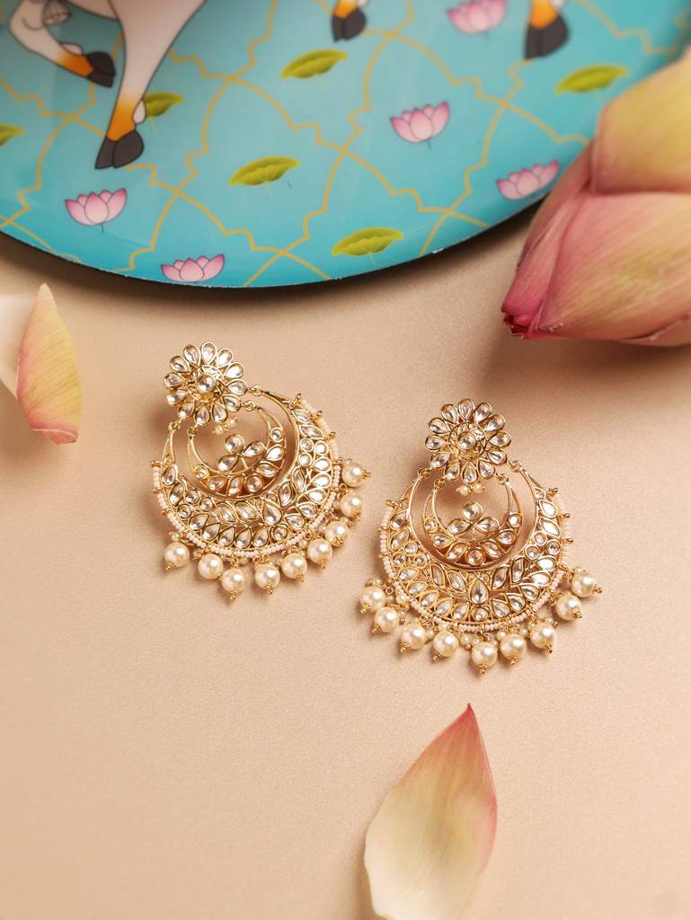 Floral White Enamel Polki Chandbali Jadau Earrings With Pearl Drop : WFEE367