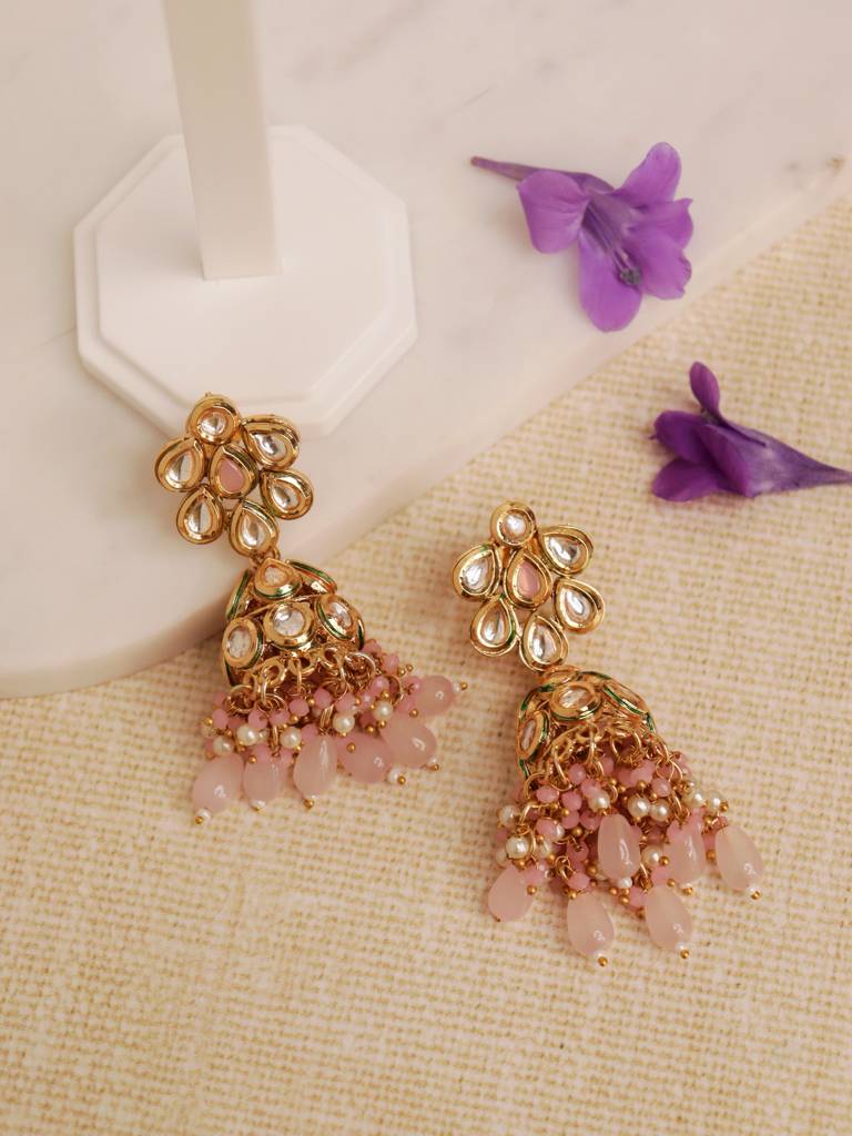 22Kt Gold Plated Kundan Polki & Pink Beaded Jhumka Earrings : WFEE368