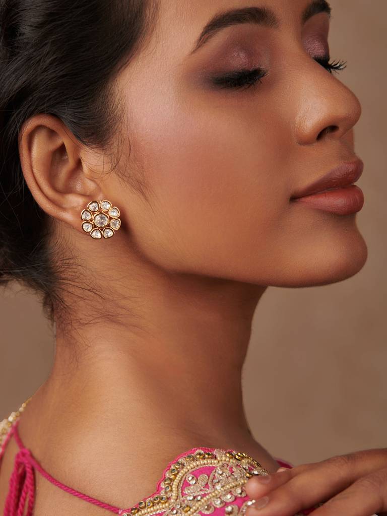 Minimal Gold Plated Mini Flower Polki Stud Earring : WFEE376