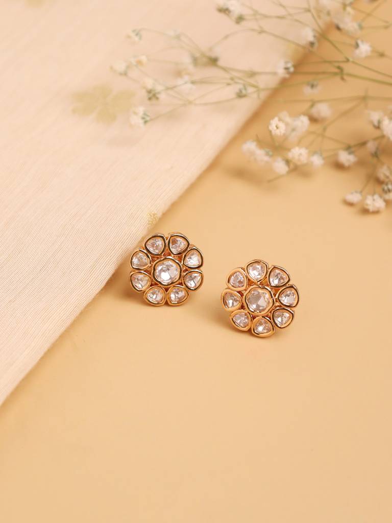 Minimal Gold Plated Mini Flower Polki Stud Earring : WFEE376