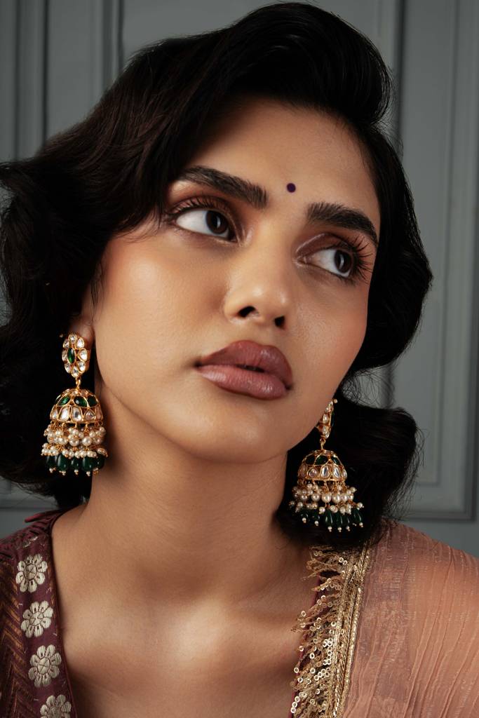 Meira Emerald Green Layered Kundan Jhumkis : WFEE409