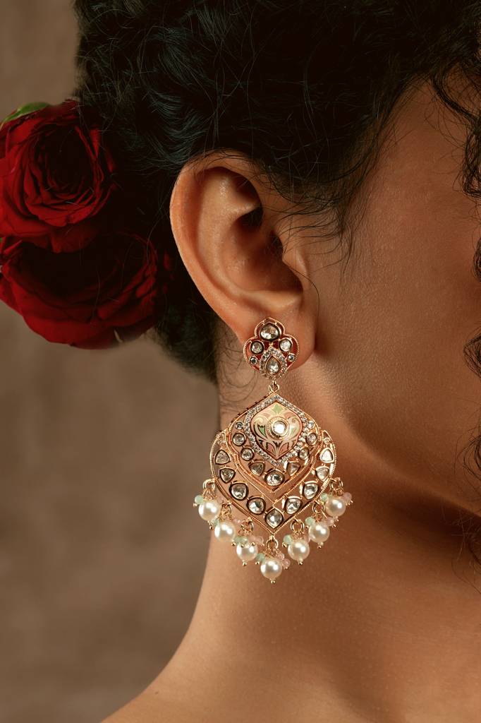 Pink Enamel Kundan Plume Earrings : WFEE471