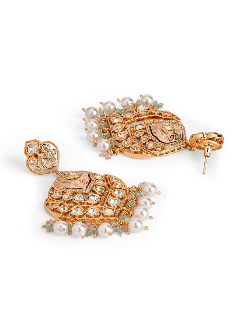 Pink Enamel Kundan Plume Earrings : WFEE471