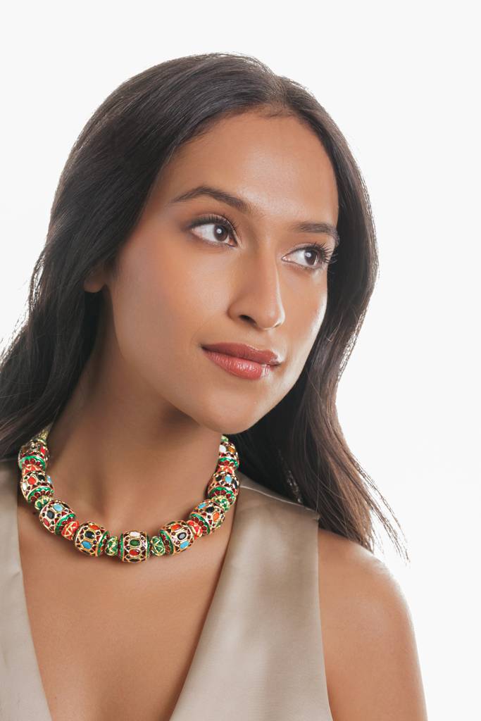 Navratna & Enamel Orbed Choker Necklace : WFNE451