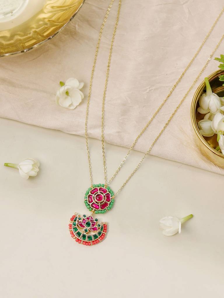 Crescent Kundan Drop Dual Chain Necklace : WFNE453
