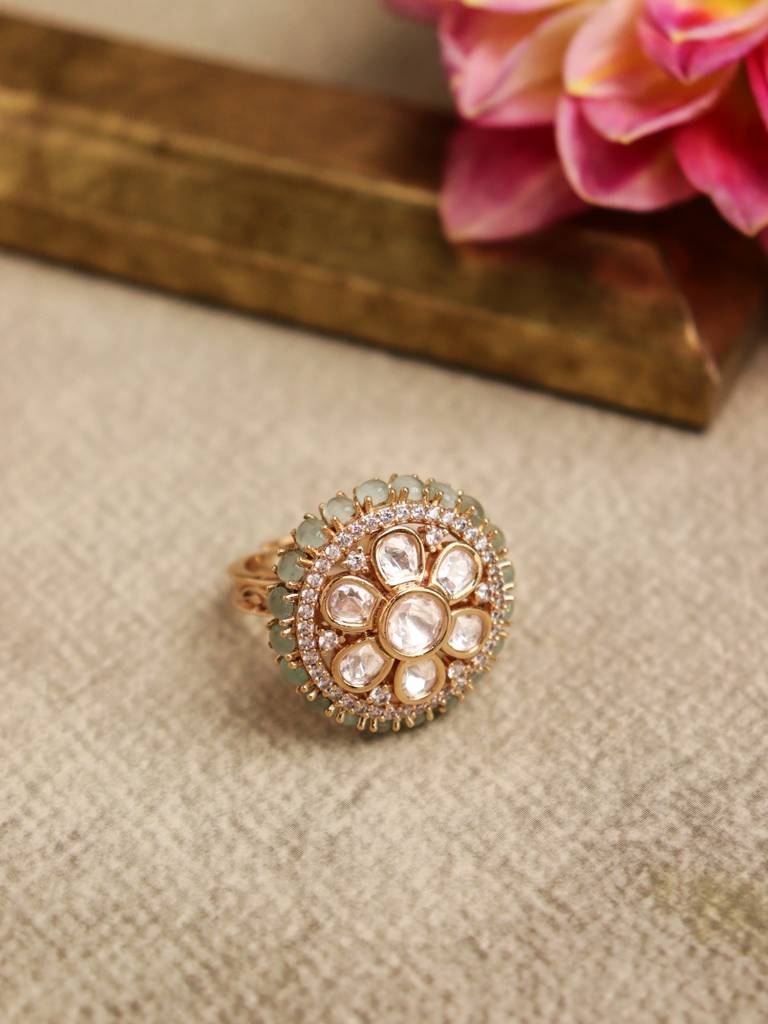 Mint Green Zircon-Studded Polki Ring : WFRE182