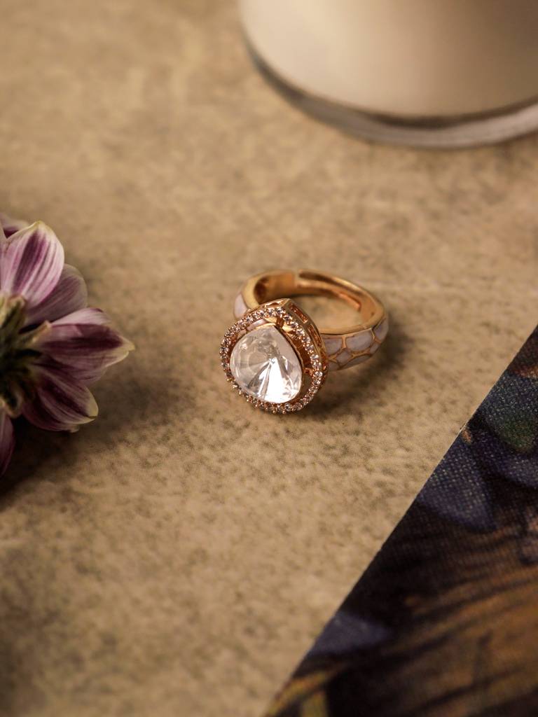 Meira White Enamel & Kundan Tear Drop Ring : WFRE203