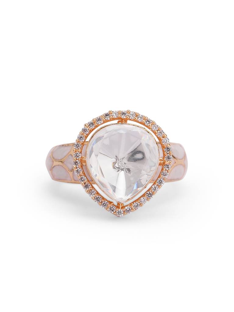 Meira White Enamel & Kundan Tear Drop Ring : WFRE203