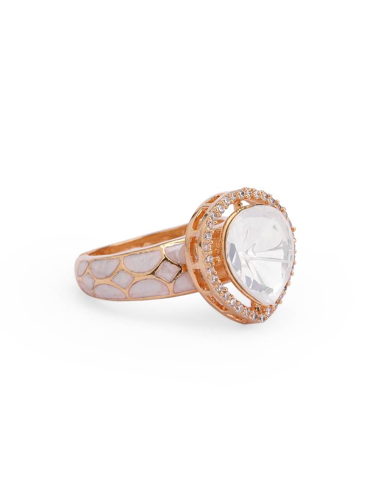 Meira White Enamel & Kundan Tear Drop Ring : WFRE203
