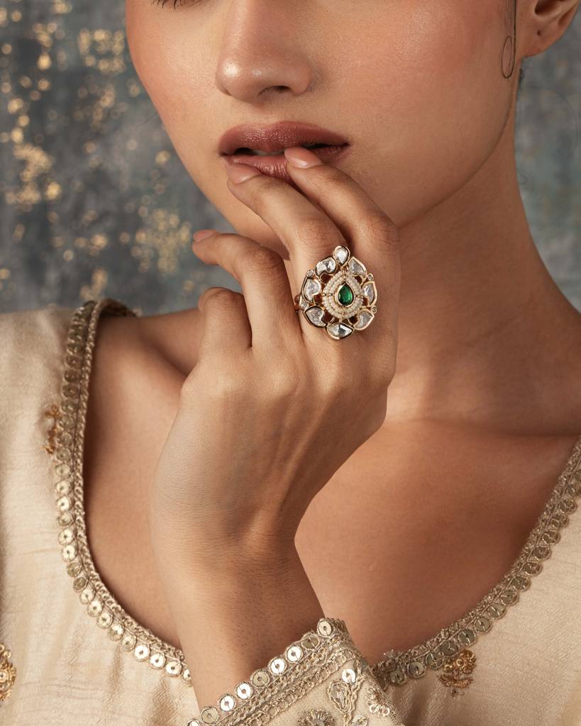 Meira Emerald Green Kundan Drop Ring : WFRE209
