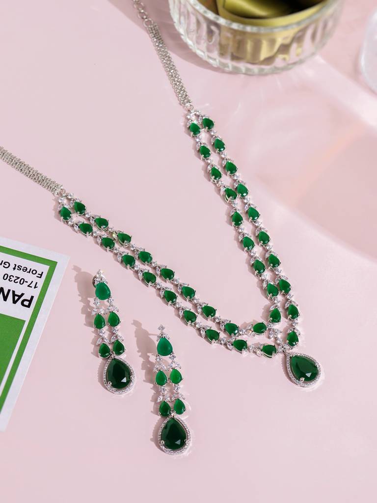 Green Emerald Elegance Cz Necklace Set : WFSC103