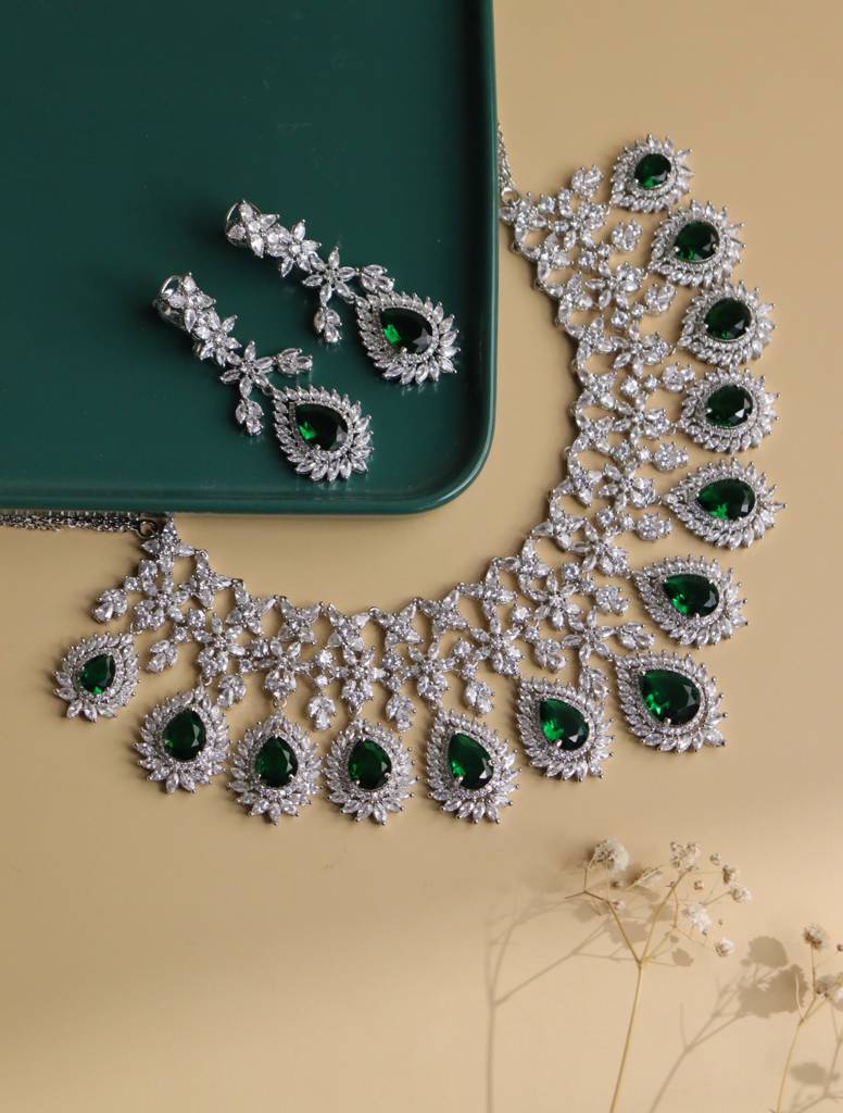 Feathered Green Diamante Cubic Zirconia Necklace Set : WFSC110