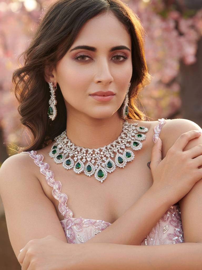 Feathered Green Diamante Cubic Zirconia Necklace Set : WFSC110